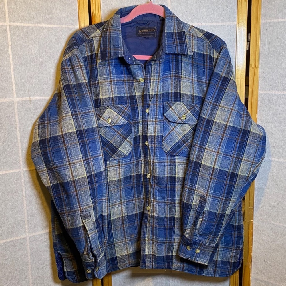 Woodland Mens Large Vintage Wool Blend Quilted Lined Plaid Flannel‎ Shirt Jacket